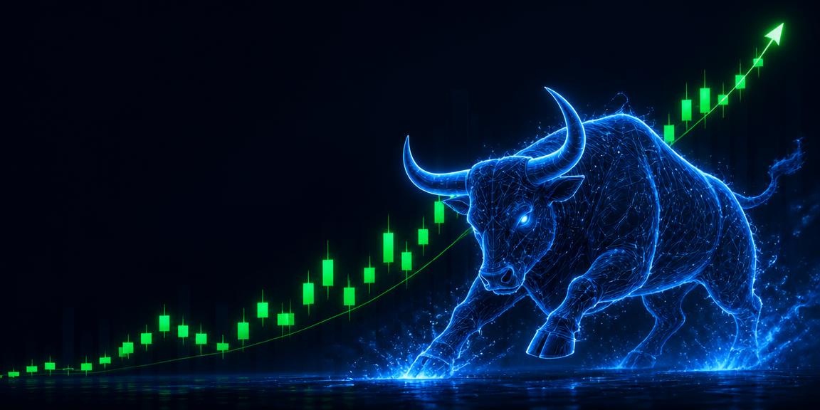 A glowing blue bull charging above a rising green forex trend line on a dark navy background